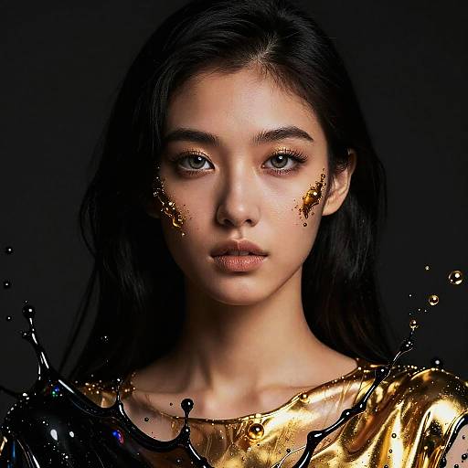 Photograph of an Asian woman with long black hair, wearing a reflective gold top, dark background, splashes of black and gold around face.