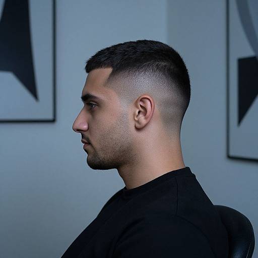 Photograph of a young man with a close-cropped, undercut hairstyle and stubble, wearing a black shirt, in a blue-lit room with