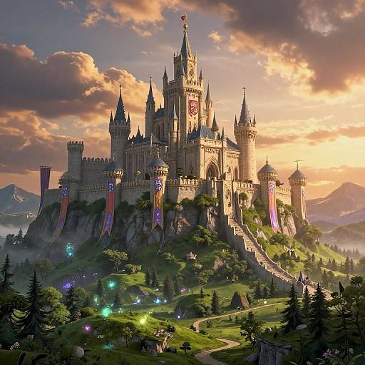 Digital art of a grand, medieval-style castle with turrets and flags, illuminated at sunset, surrounded by lush green hills and forest.