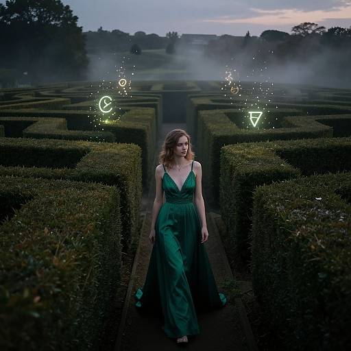 Photograph of a woman in a green dress walking through a misty, illuminated hedge maze at twilight, with glowing symbols overhead.