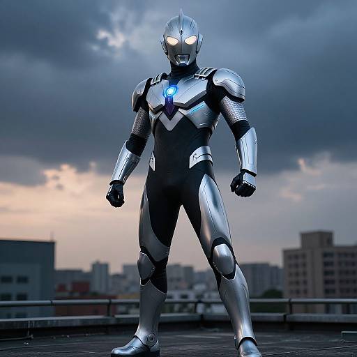 Photorealistic CGI of a glowing blue-eyed, silver armored superhero standing on a rooftop against a stormy sky and cityscape.