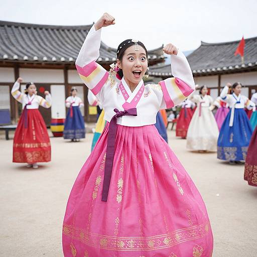 Vibrant Korean Woman Dancing in Hanbok