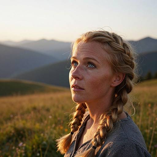Photograph of a freckled blonde woman with braided hair, wearing a gray shirt, standing in a sunlit, mountainous meadow,