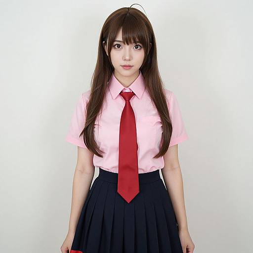 Photograph of an Asian woman with long brown hair, wearing a pink shirt, red tie, and black pleated skirt, standing against a white background