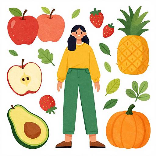 Digital illustration of a woman with black hair, yellow top, green pants, surrounded by various fruits and vegetables including apples, strawberries, pineapple, pumpkin,