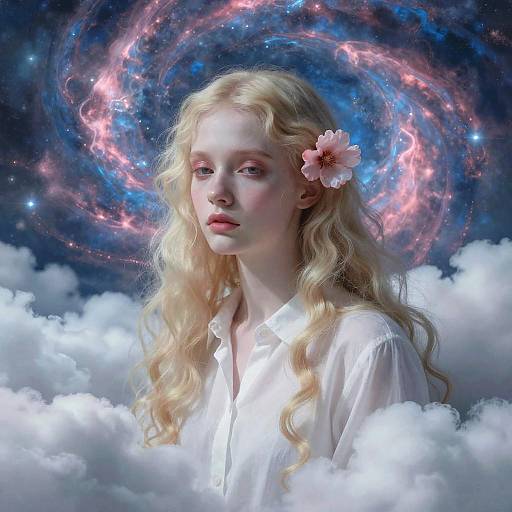 Digital artwork of a pale, blonde, ethereal woman with a pink flower in her hair, wearing a white shirt, surrounded by clouds and a vibrant