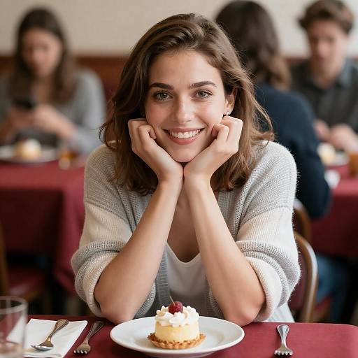 Smiling woman with dessert at cafe