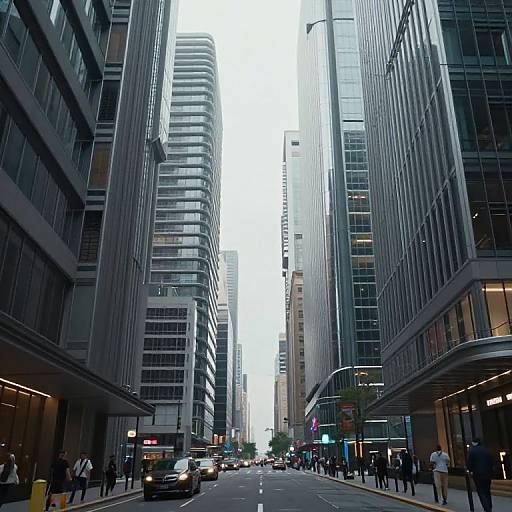 Photograph of a bustling urban street lined with tall, modern skyscrapers, featuring cars, pedestrians, and a bright, overcast sky.