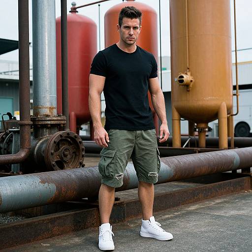 Photograph of a muscular man with short brown hair, black t-shirt, olive cargo shorts, and white sneakers, standing in an industrial area with rust
