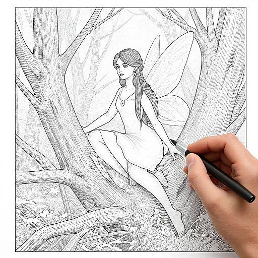 Black and white ink drawing of a nude fairy with long hair, sitting in a tree, created with a pen, hand holding pen in foreground.