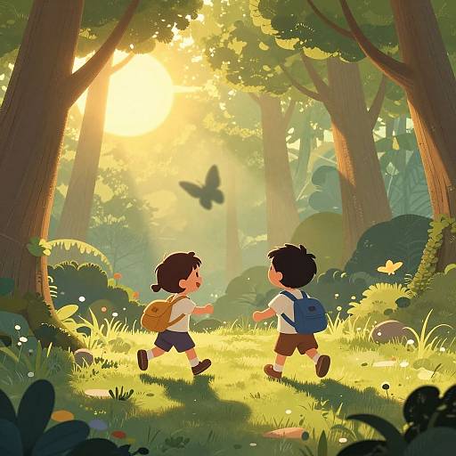 Digital illustration of two young boys running in a sunlit forest, each with a backpack, chasing a butterfly amidst tall trees.