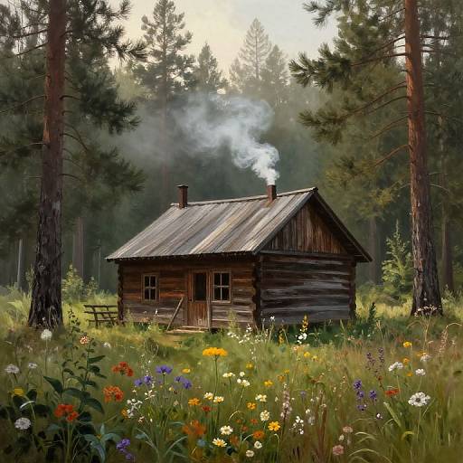 Misty Forest Cabin with Wildflowers