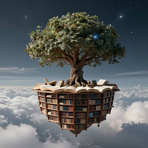 Imaginary floating island with a large tree, bookshelves filled with books, and open books on top, surrounded by clouds and stars. Digital