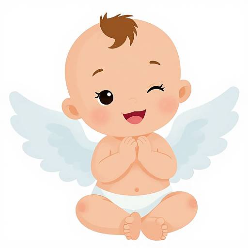 Cute digital illustration of a bald baby with a brown tuft of hair, winking, hands clasped, sitting cross-legged in white diaper,