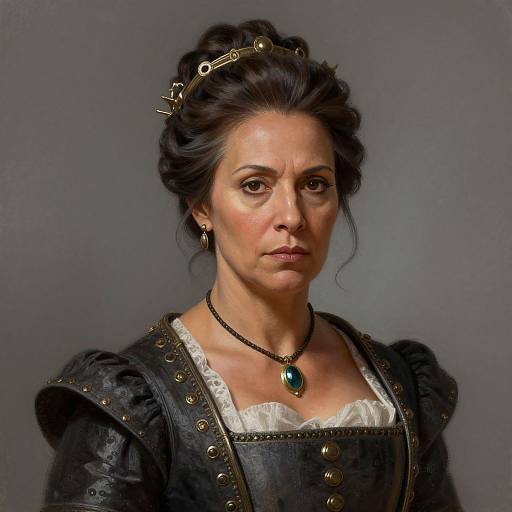 Digital painting of a stern, dark-haired woman with a crown, wearing a black, studded dress, white lace trim, and a green gemstone