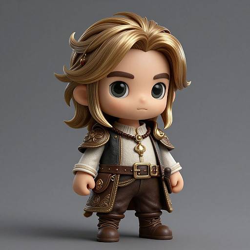 Chibi-style digital artwork of a blonde-haired, blue-eyed character with medieval attire, including a detailed vest, belt, and boots, against a gray