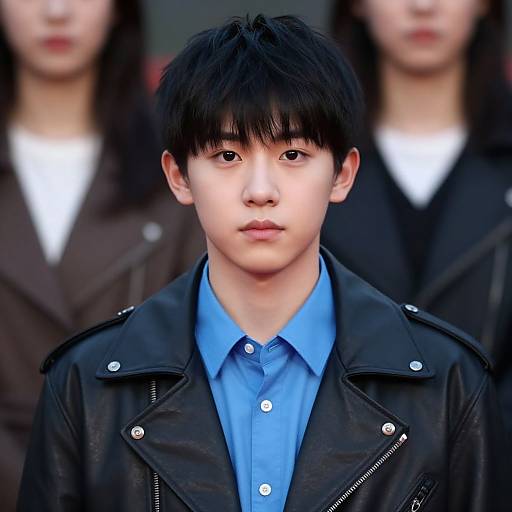 Photograph of a young Asian man with black hair, blue shirt, and black leather jacket, standing in front of two blurred individuals.