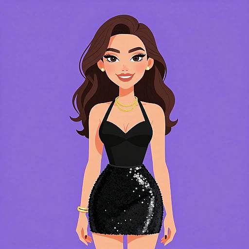 Digital illustration of a smiling woman with long brown hair, wearing a black halter dress with sequins, gold necklace, and bracelet, against a purple