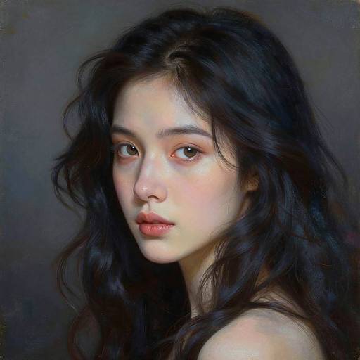Digital painting of a beautiful young Asian woman with long, wavy black hair, pale skin, and soft brown eyes, against a dark, gradient background