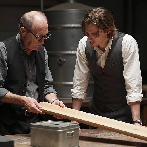 Two men inspecting wooden plank in workshop