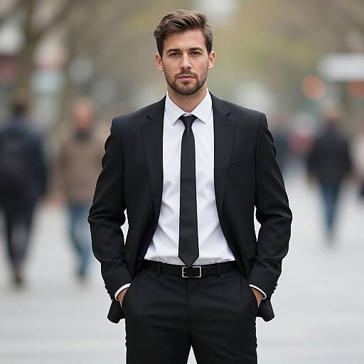 Photograph of a handsome, bearded man in a black suit, white shirt, and black tie, standing confidently with hands in pockets on a blurred
