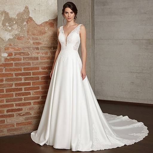 Photograph of a slender woman with pale skin and dark hair in a white lace-embellished, sleeveless, V-neck wedding gown, standing