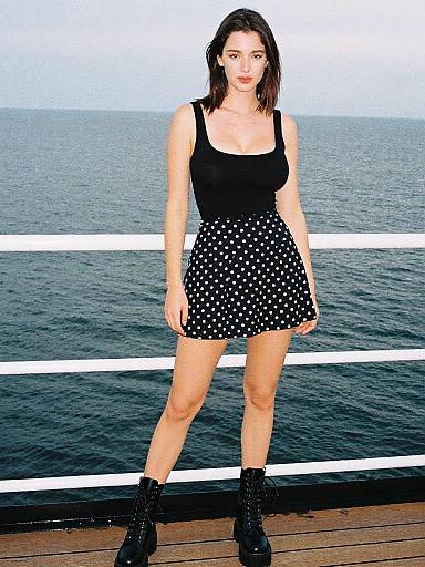 Photograph of a young woman with fair skin, dark brown hair, wearing a black tank top, black polka dot skirt, and black ankle boots