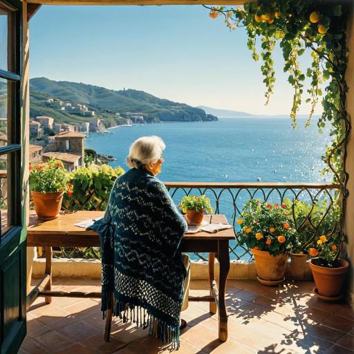 Elderly Woman Enjoying Sea View on Italian Terrace