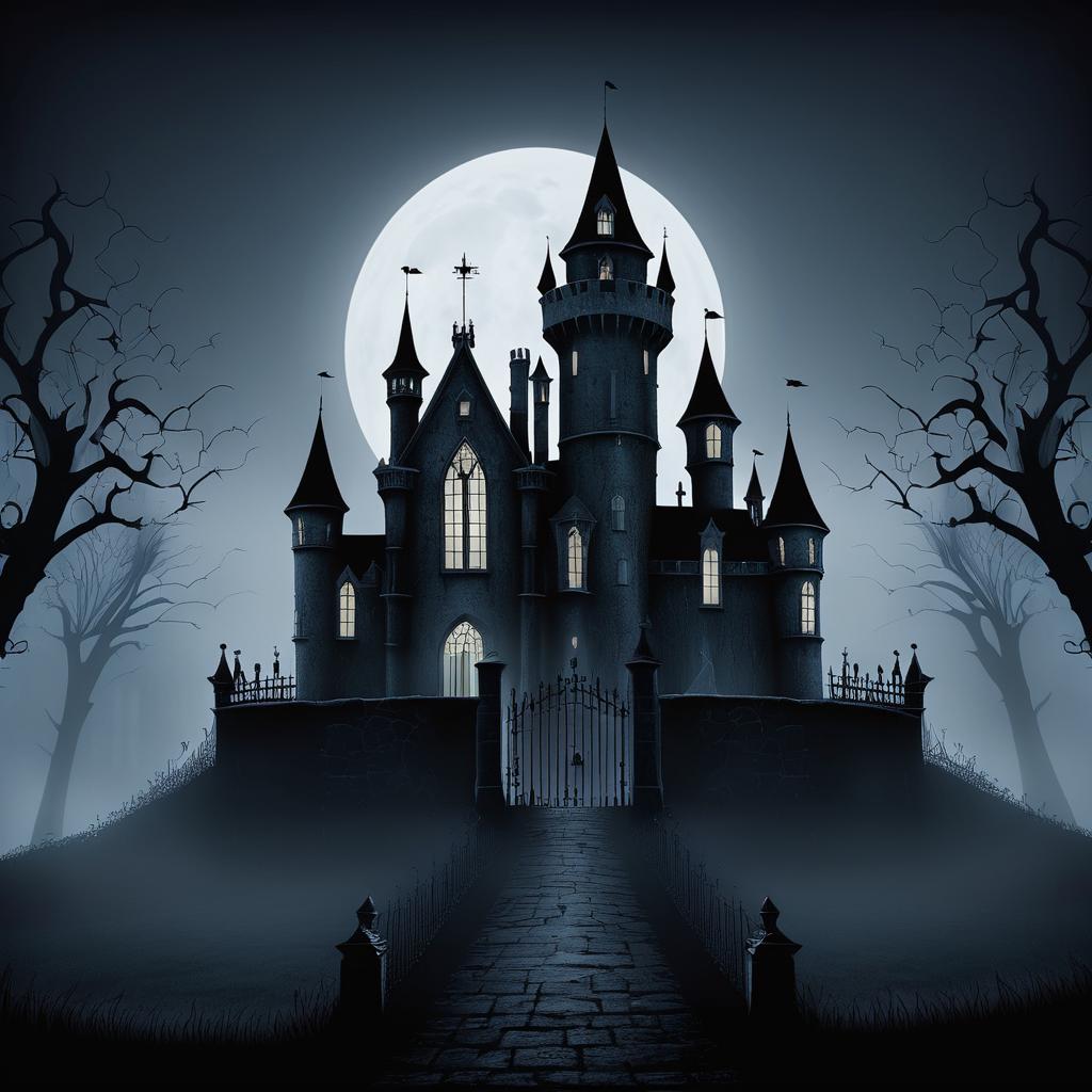 Spooky Haunted Castle in Foggy Graveyard