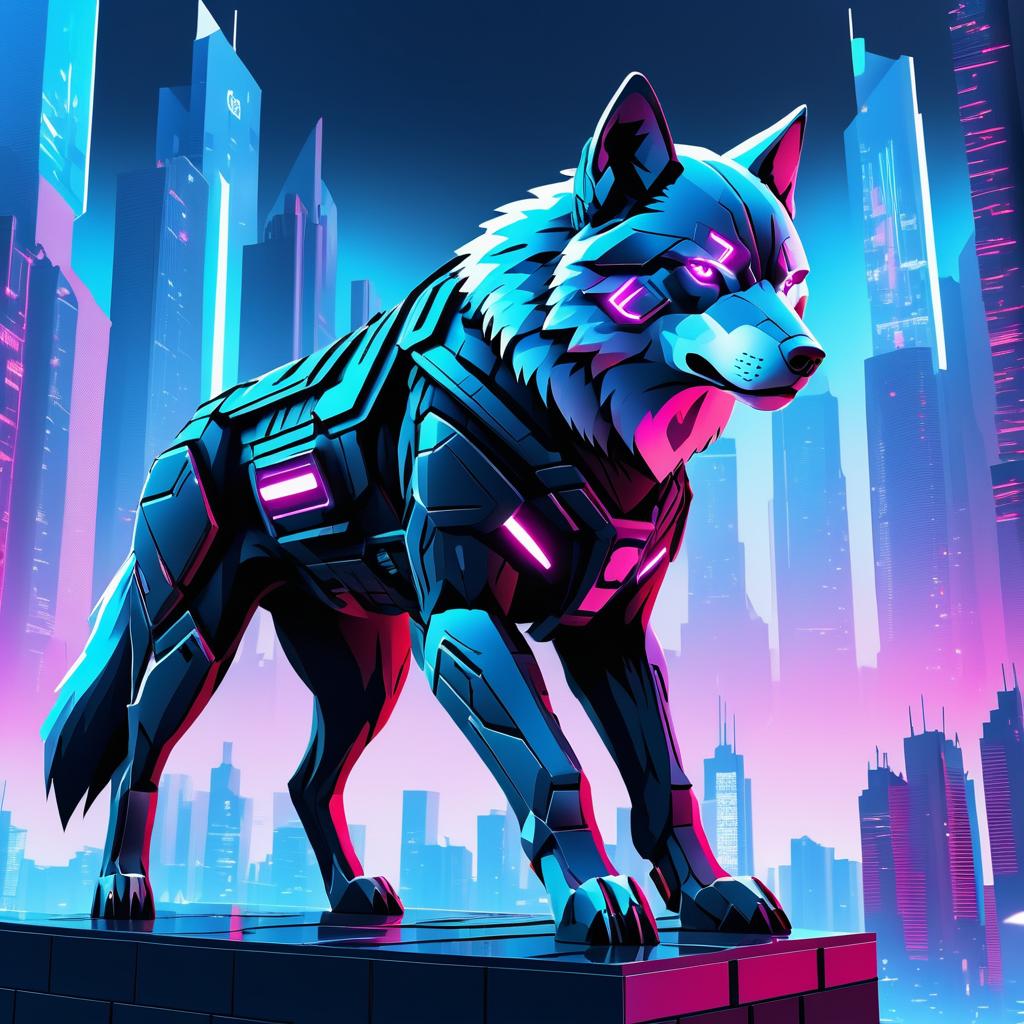 Cyborg Wolf in Cyberpunk Cityscape