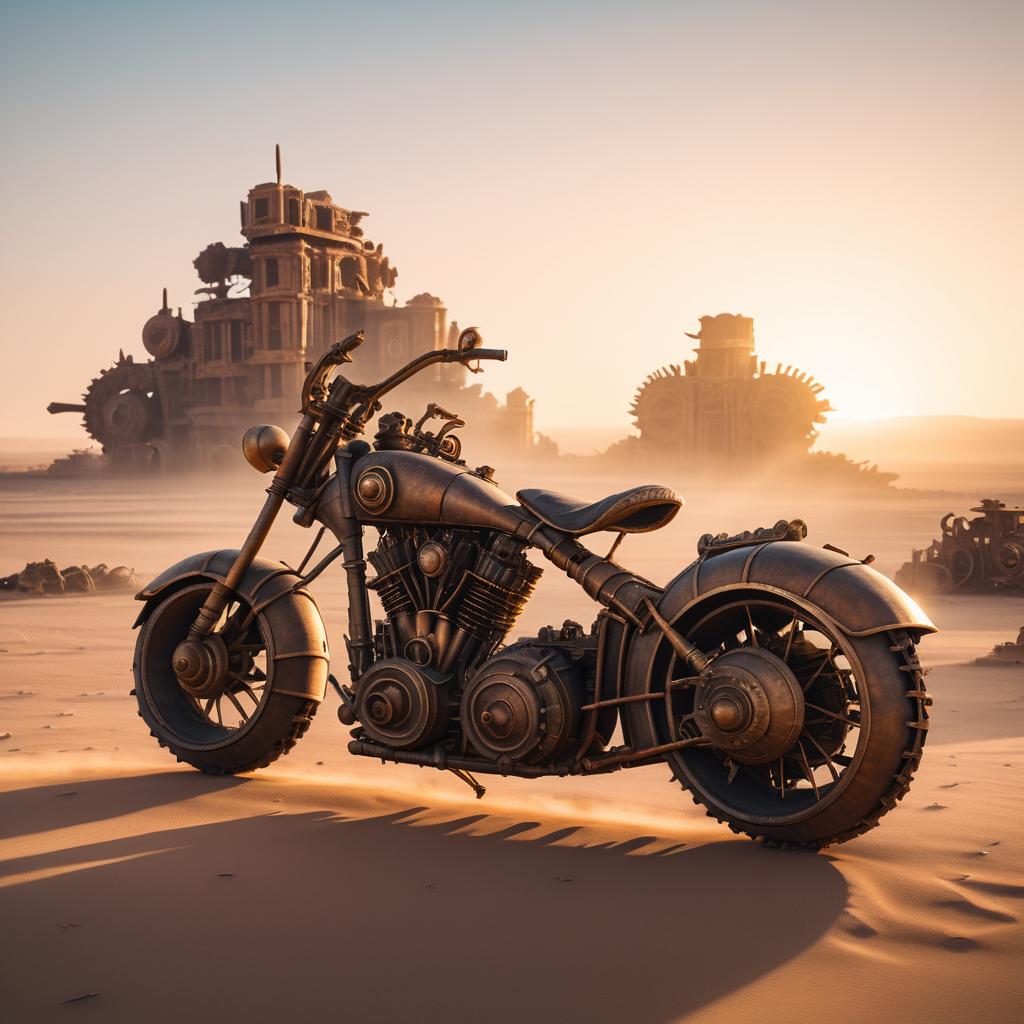 Giant Steampunk Motorcycle in Post-Apocalyptic Desert