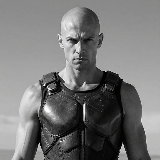 Black-and-white photograph of a bald, muscular man with intense expression, wearing a shiny, armored vest, against a cloudy sky background.
