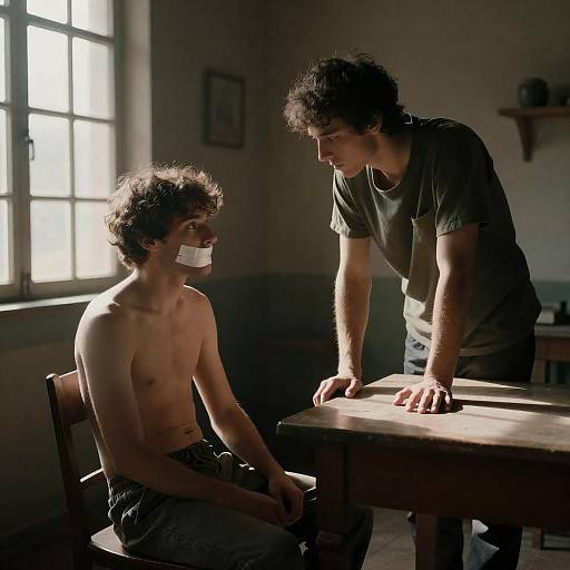 Tense Scene in a Dimly Lit Room