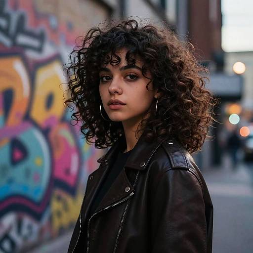 Photograph of a curly-haired young woman with medium skin tone, wearing a black leather jacket, standing in front of vibrant graffiti-covered urban wall, dusk