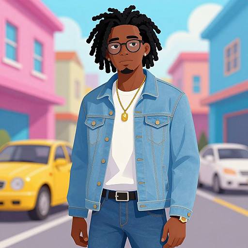 Digital illustration of a Black man with dreadlocks, glasses, blue denim jacket, white shirt, gold necklace, and jeans, standing on a colorful street