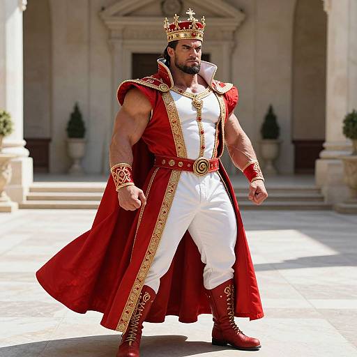 Muscular bearded man in red and gold king's robes, white pants, and boots, wearing a crown, stands confidently in a sunlit,