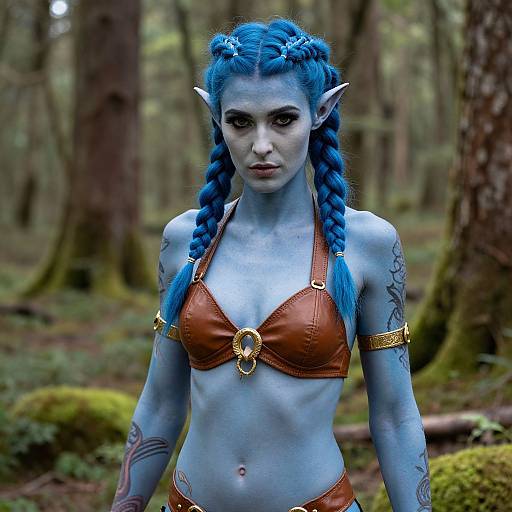 Photograph of a blue-skinned, elf-like woman with vibrant blue braided hair, pointed ears, and tattoos, wearing a brown leather bra with