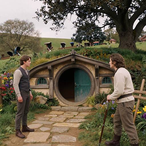 Photograph of two men in rustic attire standing in front of a hobbit house with round door, surrounded by lush garden and trees.