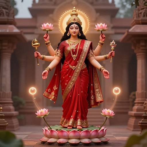 Digital artwork of a divine Hindu goddess with six arms, wearing a red and gold sari, holding lotus flowers and idols, standing on a lot