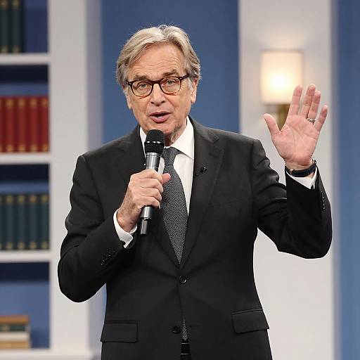 Middle-aged man speaking with microphone