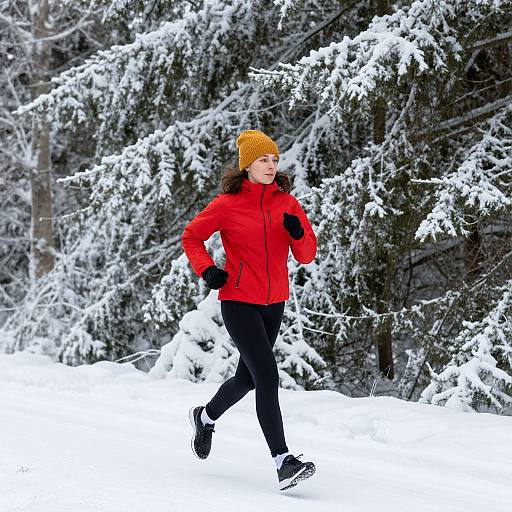 Photograph of a woman jogging through a snowy forest, wearing a red jacket, black pants, yellow beanie, black gloves, and black sneakers.