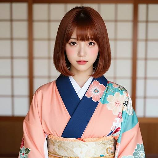 Photograph of an East Asian woman with straight brown bob hair, wearing a floral-patterned pink and blue kimono with navy obi, standing in