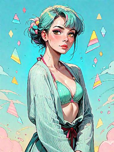 Anime Girl in Mint Green Bikini and Kimono