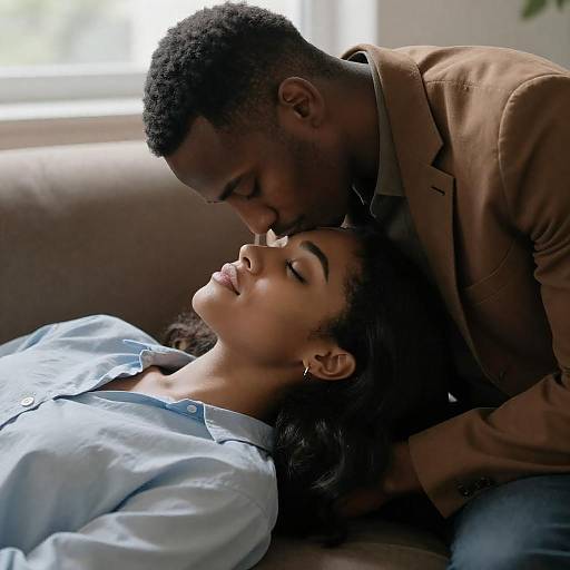 Man Kissing Woman's Forehead on Couch