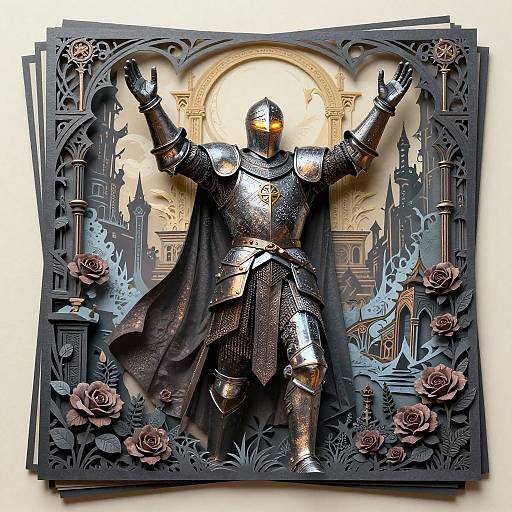 Photograph of a detailed, metallic relief sculpture depicting an armored knight with outstretched arms, set against a gothic castle and rose-filled background,
