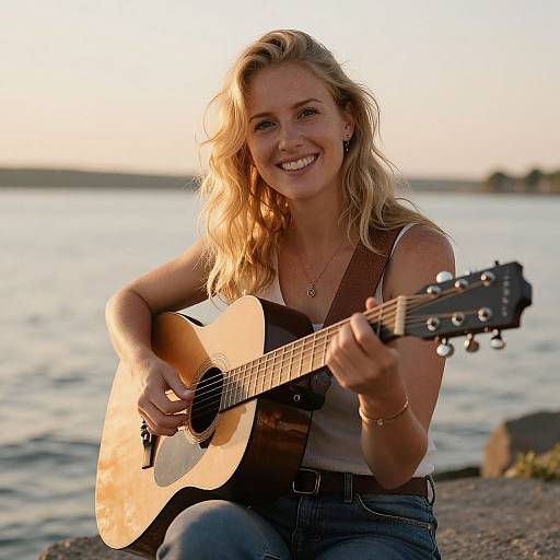 Blonde woman with wavy hair, smiling, playing acoustic guitar by a lake at sunset, wearing a sleeveless top and jeans. Photographic image