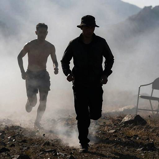 Silhouetted Men Running Through Smoke