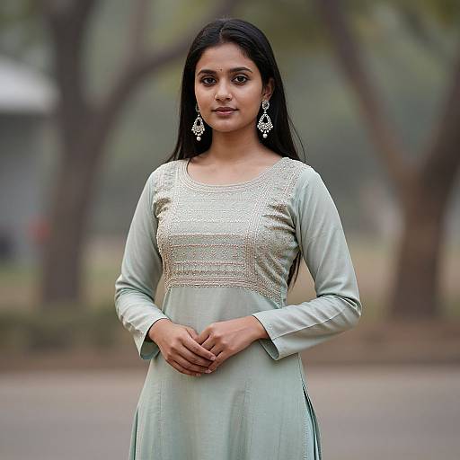 Photograph of a young Indian woman with long black hair, wearing a light green, long-sleeved traditional dress, adorned with intricate silver embroidery,