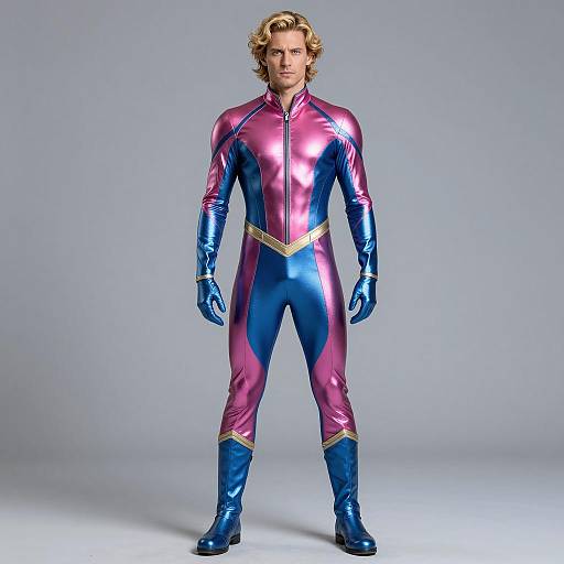 Man in Shiny Pink and Blue Metallic Superhero Costume