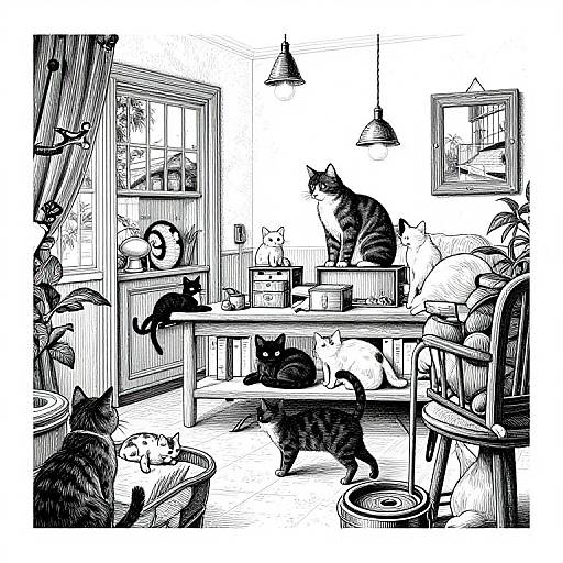 Black-and-white illustration of seven cats in a cozy, cluttered living room with furniture, plants, and hanging lamps, creating a lively, feline